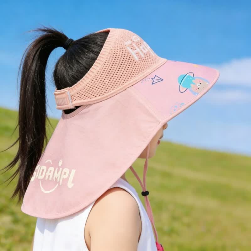 G.duck小黄鸭儿童防晒帽男女童夏季大檐遮阳帽女孩可扎马尾透气户外空顶 星球-粉色 3-13岁帽围48-56cm可调节
