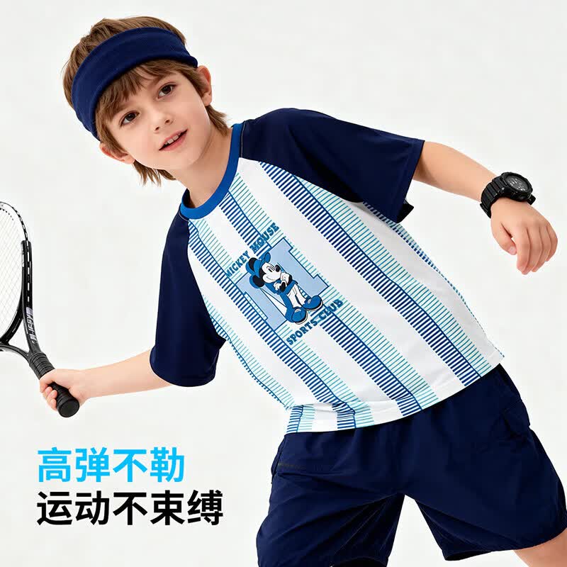 迪士尼(Disney)夏季新款男童条纹短袖T恤中大童轻薄透气网球服运动休闲篮球上衣 蓝白 160 (建议12-14岁身高150-160cm)