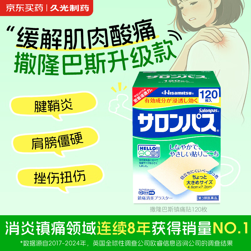 撒隆巴斯（SALONPAS）久光贴日本膏药升级版镇痛120贴止痛止疼贴膏药贴缓解腰肩酸痛硬关节痛（4.6cm×7.2cm）
