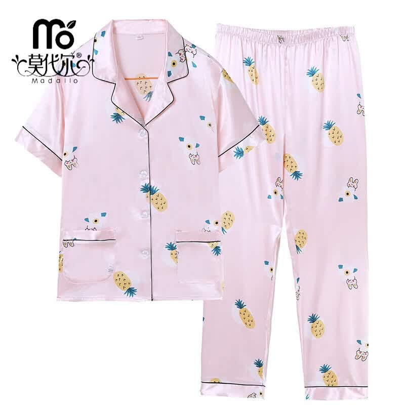 莫代尔睡衣女春夏季薄款短袖冰丝女士休闲大码家居服两件套装夏天可外穿 短长粉红彩虹糖 L 适合106-115斤