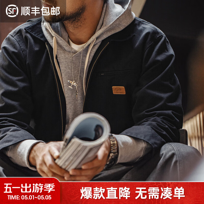 马登工装底特律猎装夹克男美式复古J001巴恩风翻领谷仓外套春季新款 黑色 【男士休闲外套/高级感痞帅/底特律变人】 L