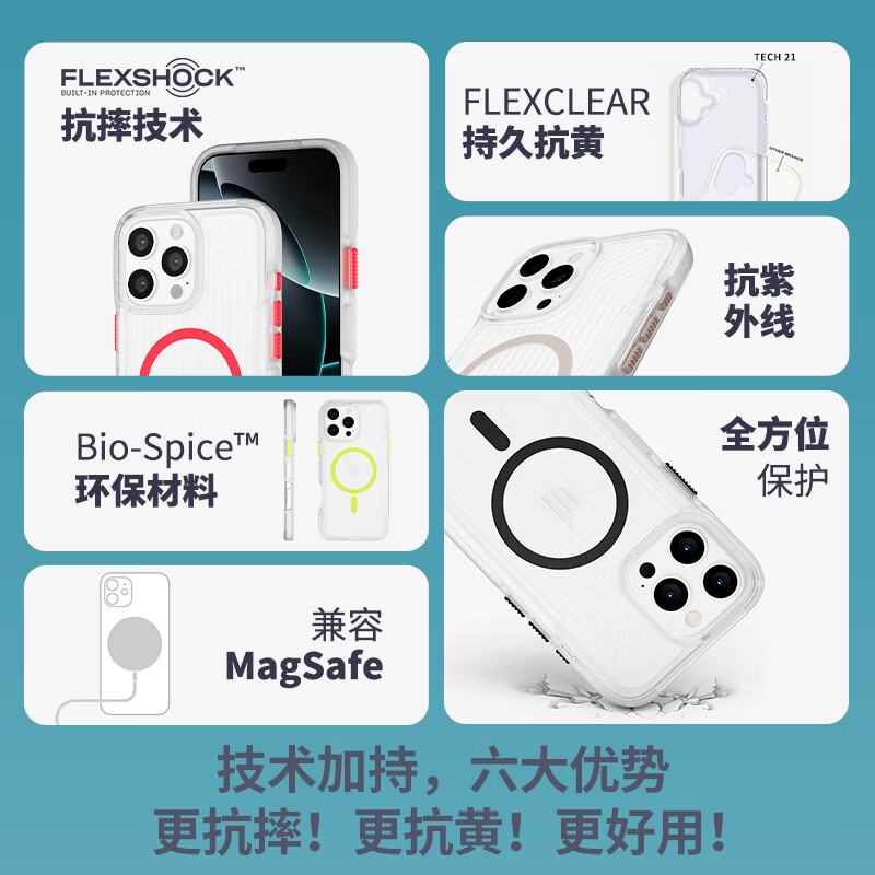 TECH21苹果专用手机壳磁吸硬壳带挂绳FlexPro iphone16promax/16pro保护壳抗摔抗黄【苹果合作品牌】 磁吸霓虹粉 苹果16ProMax