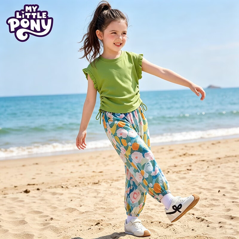 小马宝莉(MY LITTLE PONY)女童夏季韩版网红炸街套装中大儿童新款上衣防蚊裤两件套 果绿色套装XMBL16 150 建议140-150cm