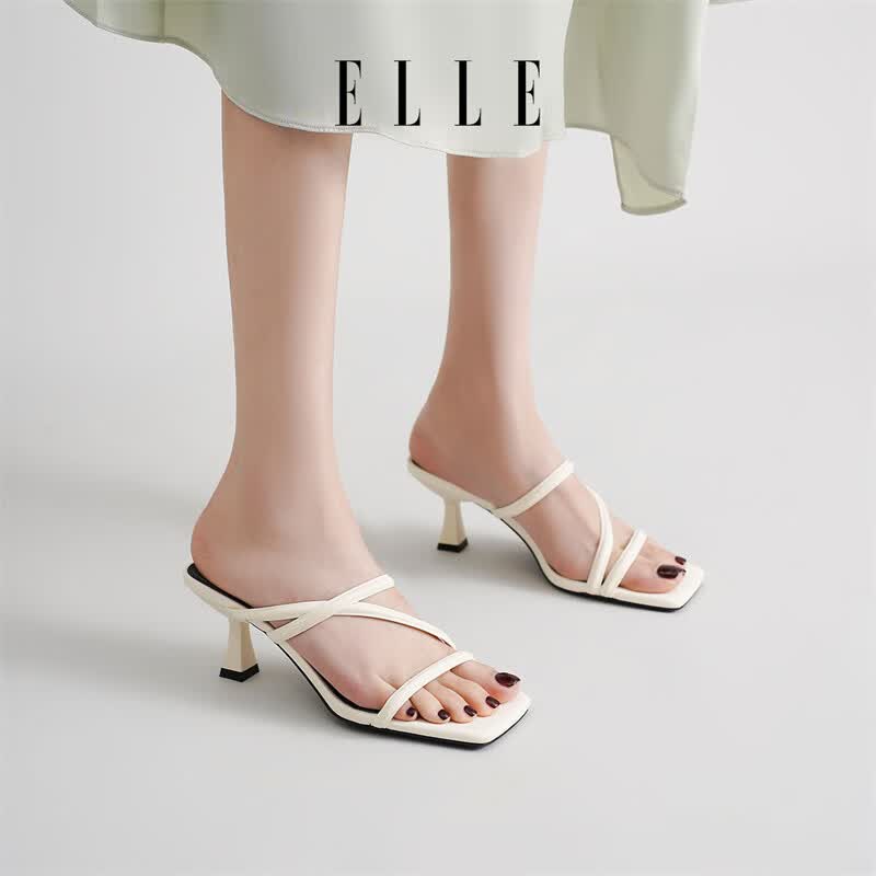 ELLE黑色方头细带高跟凉拖鞋女夏季外穿百搭中跟一字带凉鞋 米白 6.5cm 37 (235mm) 标准码