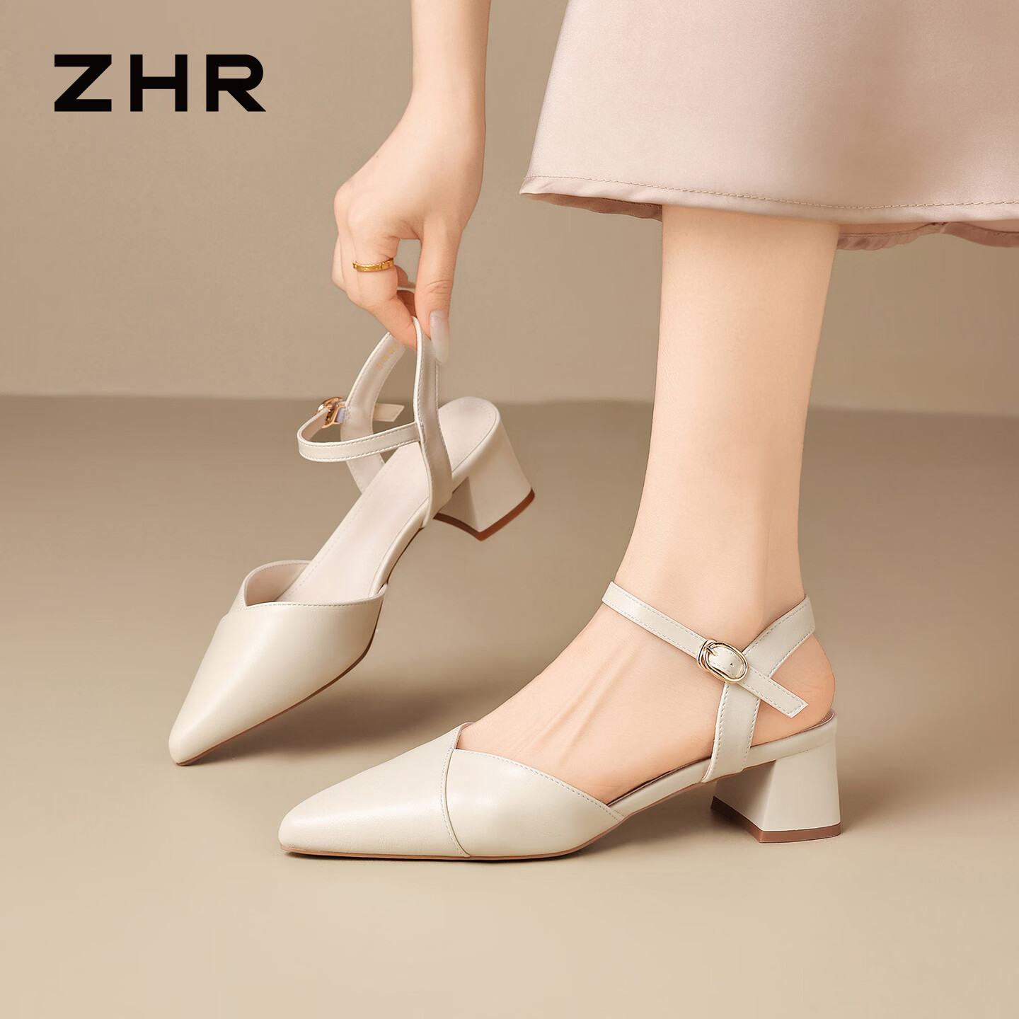 ZHR则则包头凉鞋女2026夏季粗跟女鞋尖头配裙子高跟鞋不累脚 KN392米色38