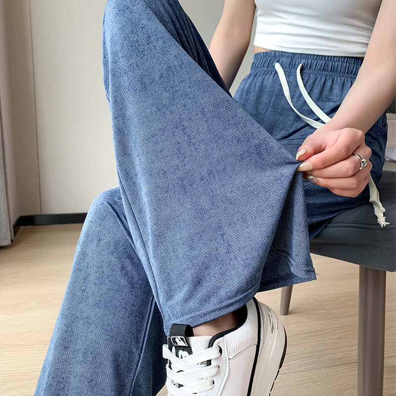 ZSCK冰丝牛仔阔腿裤丝女印花薄款休闲裤高腰宽松垂感拖地裤冰丝清凉 对齐灯笼 薄款 M 均码（80-140)