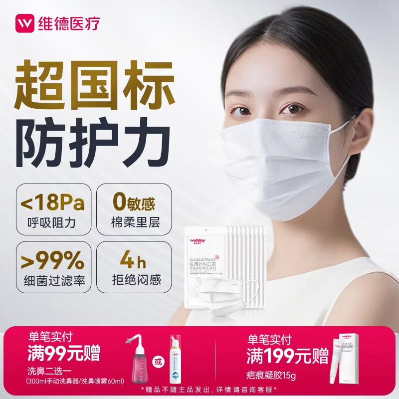 维德（WELLDAY）一次性医用外科口罩100只白色A1型耳挂式防花粉鼻过敏