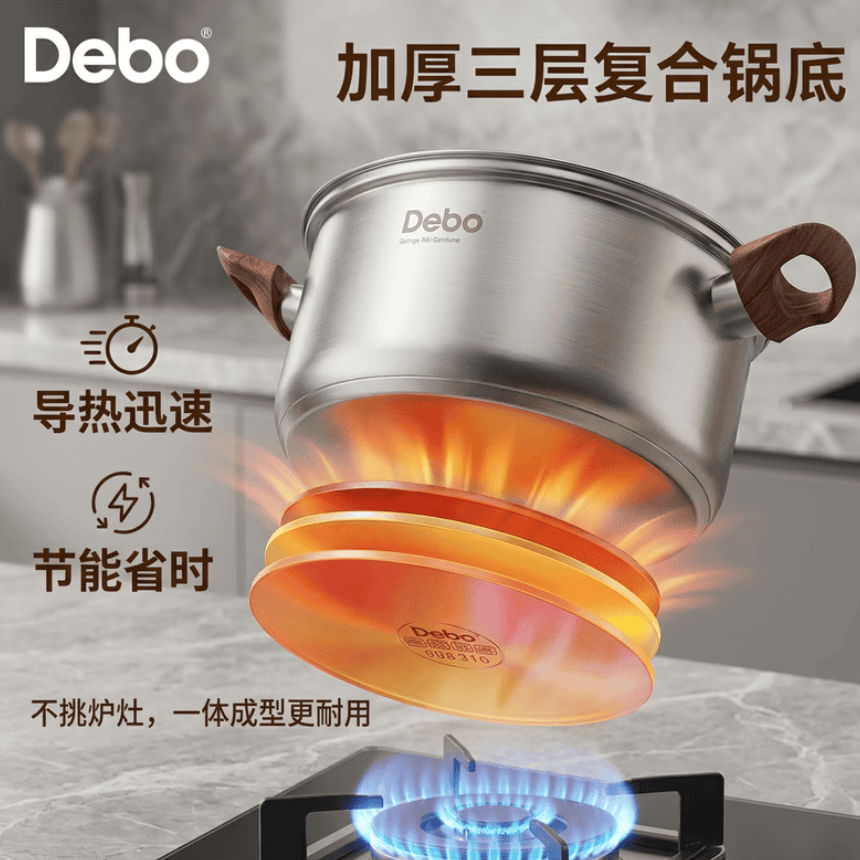 德铂316不锈钢汤锅煮面煮粥炖锅燃气灶电磁炉通用 加高加厚款+硅胶勺 28cm