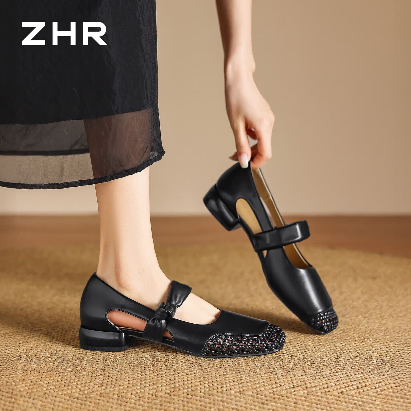 ZHR则则玛丽珍女鞋夏季新款镂空透气凉鞋软底通勤单鞋女EH325黑色37