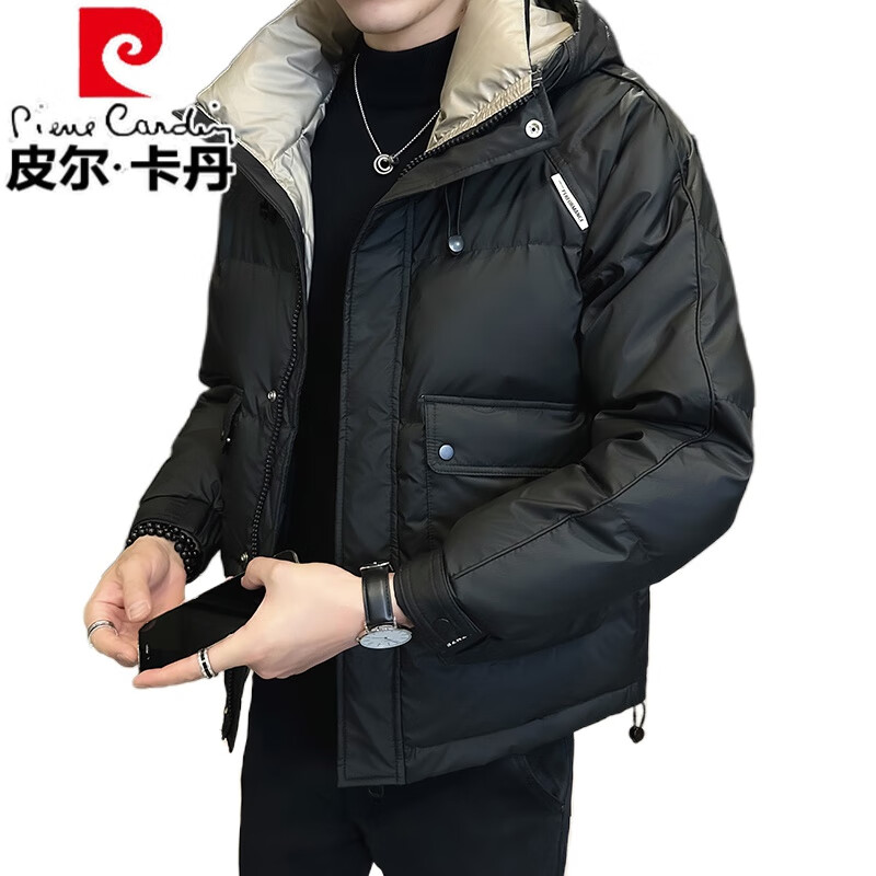 皮尔卡丹（pierre cardin）羽绒服男冬季2024年新款潮牌加厚短款白鸭绒男士冬装外套连帽 黑色 M 【90-115斤】