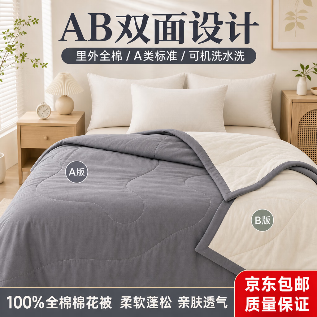 月夜星雨纯棉夏凉被空调被薄被春秋被凉感男女通用100%纯棉里外全棉被子 灰色+米色AB版 +送礼品袋+送浴巾 150cm*200cm