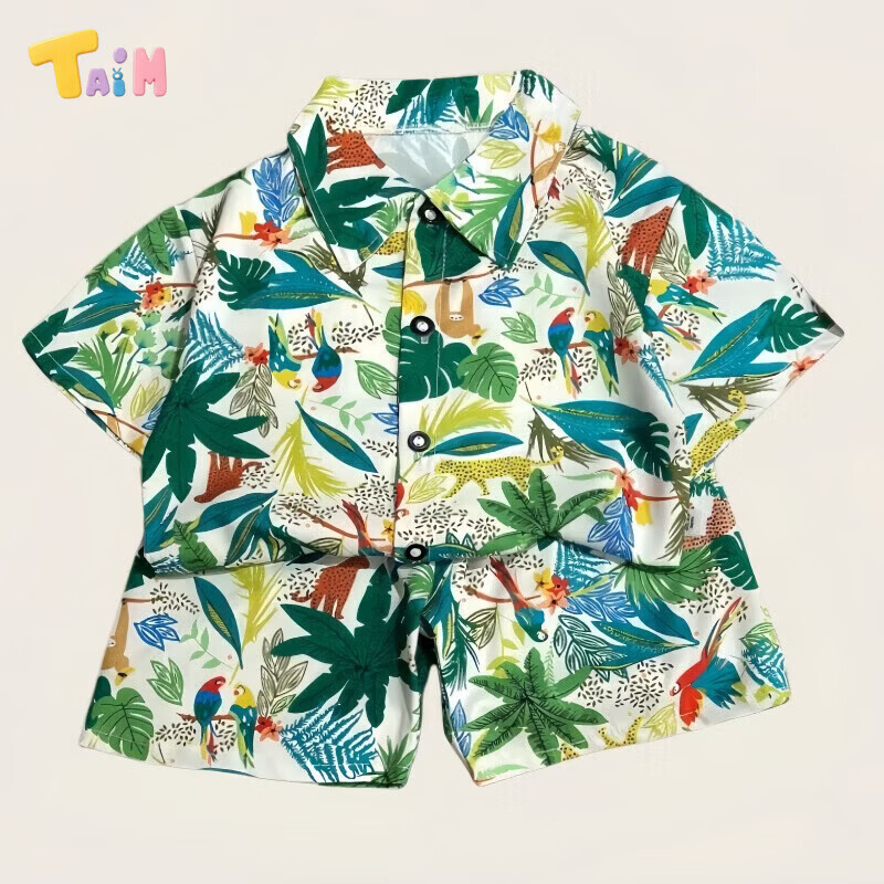 TAIM儿童套装新款韩版短袖短裤衬衫两件套海滩风宝宝衣服 衬衣套装鹦鹉树 80 cm