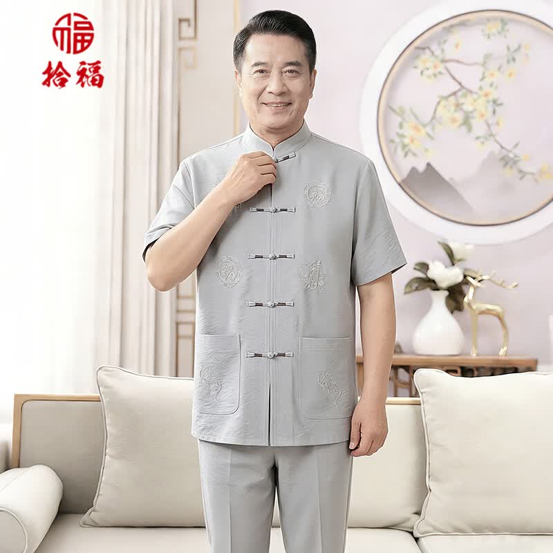 拾福爸爸夏装短袖唐装男套装中老年人中国风爷爷夏季休闲简约老人衣服 深灰色 4XL (190-205斤)