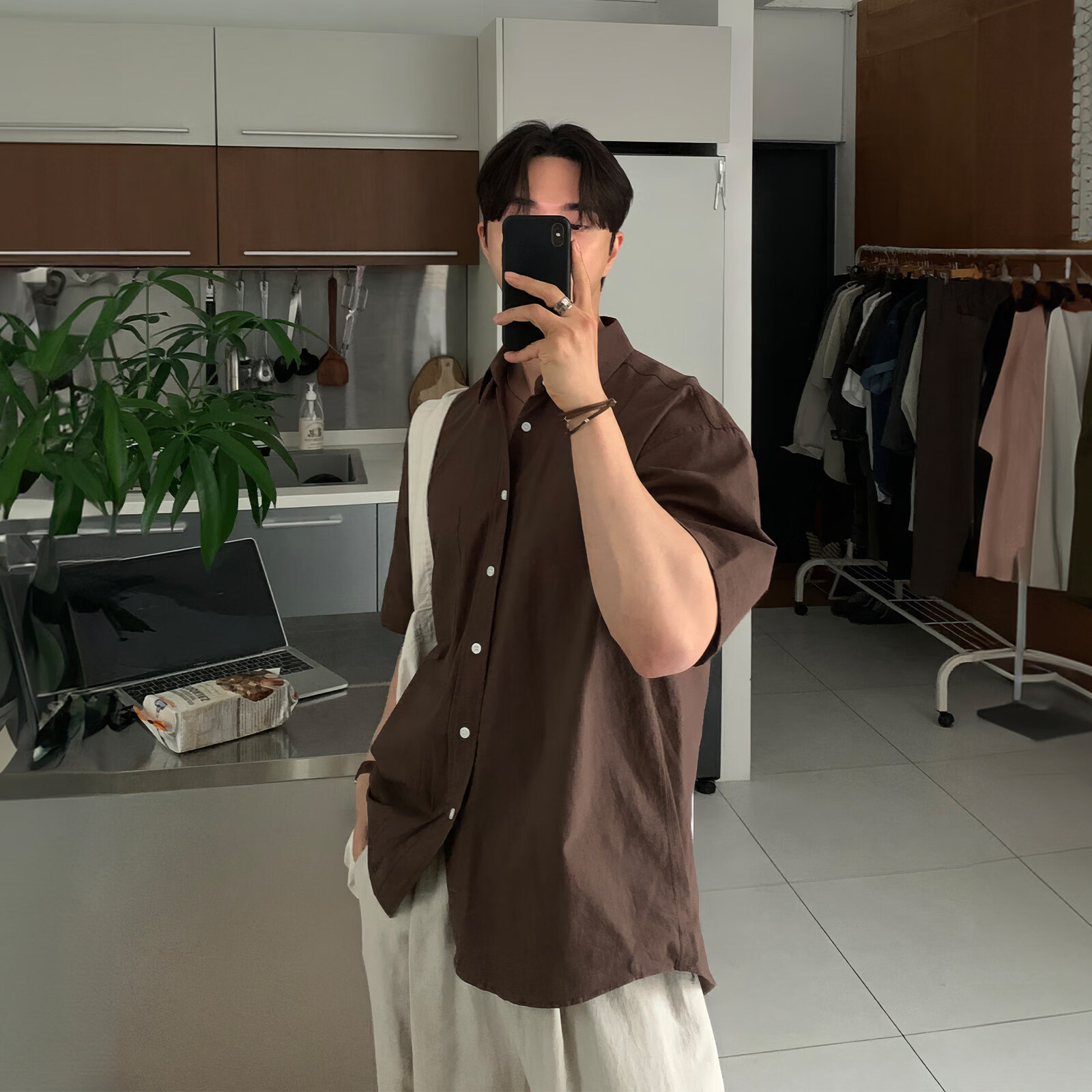 我是大卫老钱风亚麻短袖衬衫男款夏季轻薄透气垂感免烫衬衣单口袋工装上衣 棕色 XL