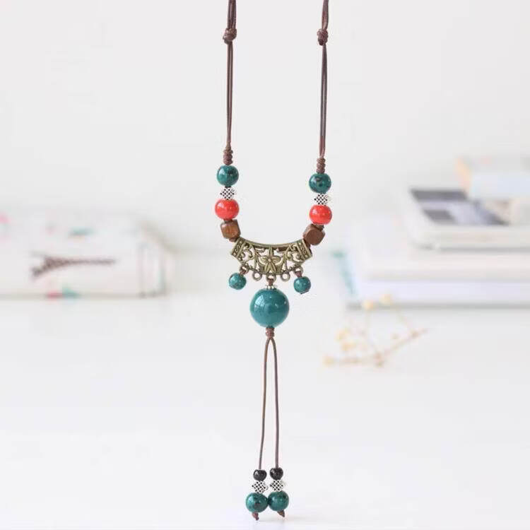 西米亚项链叠戴锁骨链波民族风长款吊坠毛衣链复古文艺串珠颈链子 古铜色