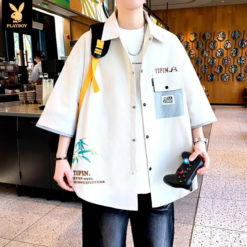 花花公子（PLAYBOY）青少年短袖衬衫男2026夏季潮流宽松衬衣外套休闲百搭上衣服男装 C201米白色 4XL