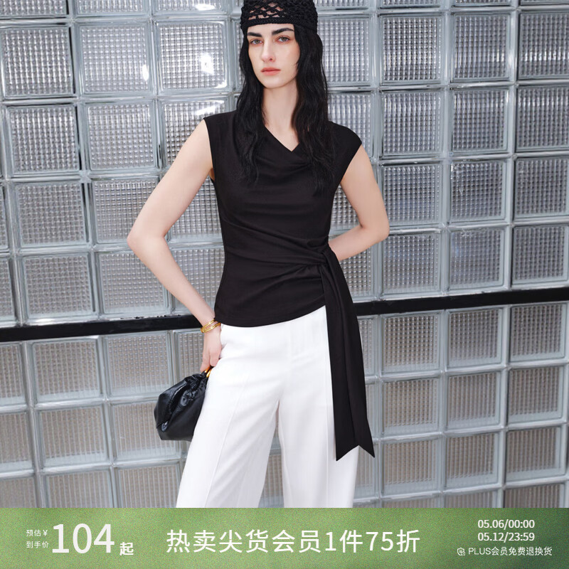 自巧5A抑菌料 小个子设计感荡领针织t恤女2026夏季新款无袖上衣 谧黑色 S （尺码：3）