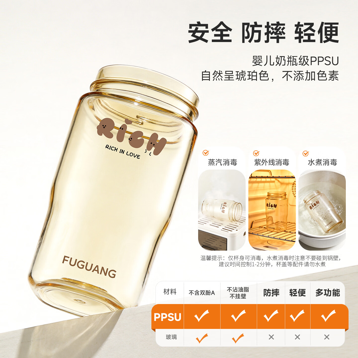 富光（FUGUANG）ppsu水杯吸管杯子女学生塑料耐高温直饮咖啡杯牛奶杯夏季孕妇 米白400mL--【母婴级ppsu材质+安全无异味】