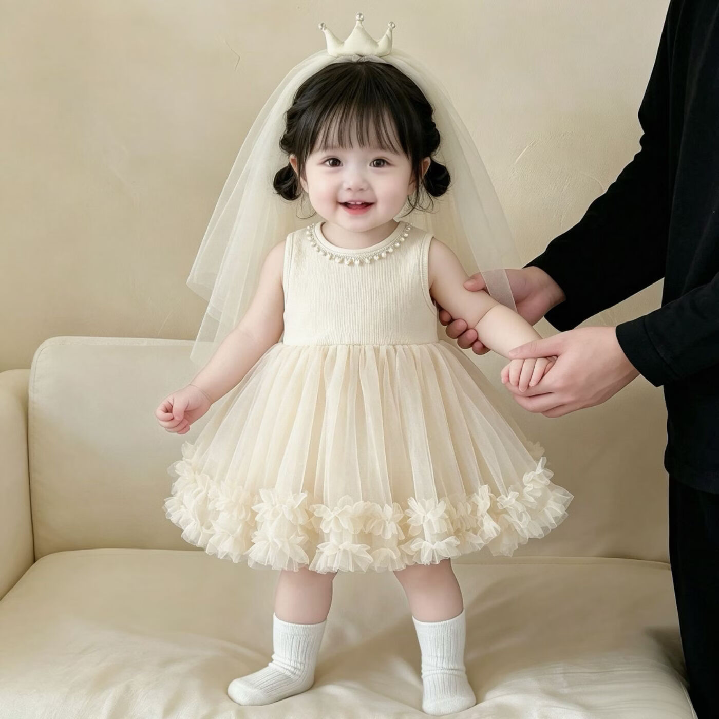 女童夏装连衣裙2026新款洋气0-1-2-3-4岁女宝宝婴幼儿公主蓬蓬裙 米白色 110