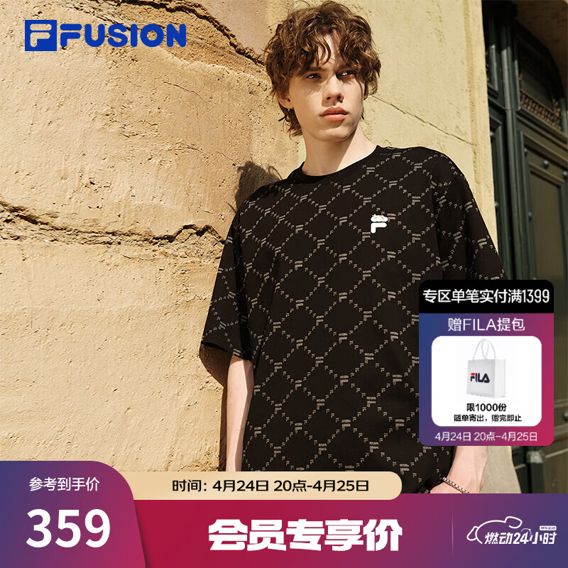 FILA FUSION斐乐潮牌情侣款针织短袖衫2026夏新款纯棉凉感宽松T恤 正黑色-BK L 175/96A/L