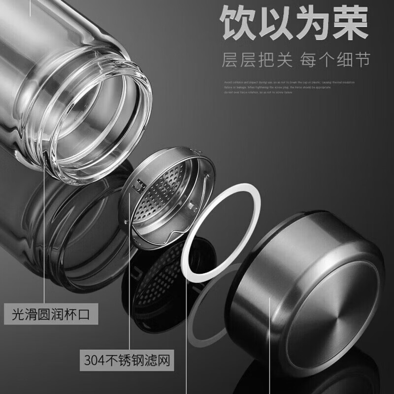 JCZS品质高硼硅钢化玻璃杯耐高温防爆防摔摔不烂双层茶杯男士水杯 【显温款】钢本色450ml 泡茶专用丨商务