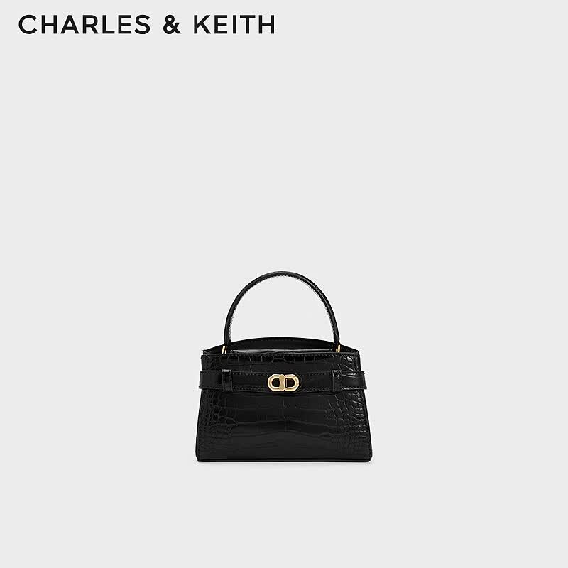 CHARLES&amp;KEITH鳄鱼纹凯莉包手提斜挎婚包包女包生日母亲节礼物CK2-50270880-1 Black黑色 S