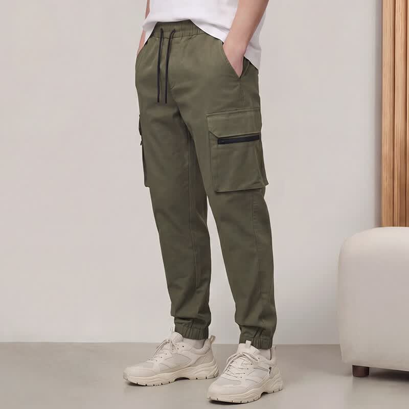 MARKLESS100%棉休闲裤男士斜纹棉宽松挺括工装裤束脚裤6804 军绿色 L