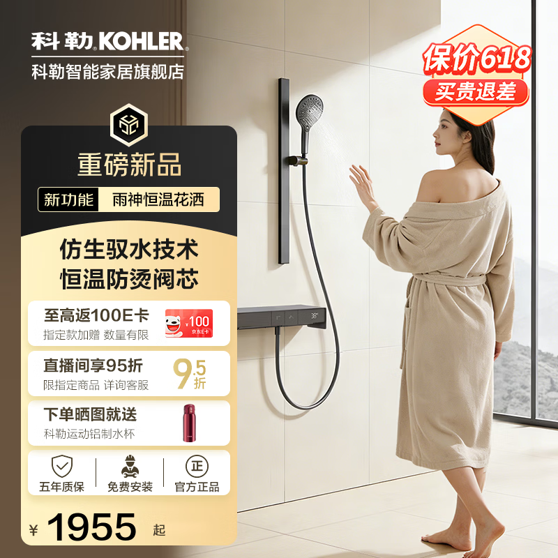科勒（KOHLER）雨神湃乐恒温花洒可升降花洒套装二出水恒温卫生间 湃乐恒温花洒带移动滑竿-暮光灰