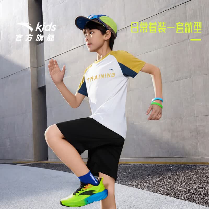 安踏儿童运动服套装男童装26夏季速干凉感短T短裤两件装五分裤T恤短袖 [男童2件套] 白T恤+黑色5分裤 5712-3 150 cm