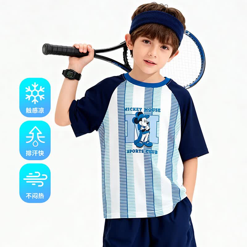 迪士尼(Disney)夏季新款男童条纹短袖T恤中大童轻薄透气网球服运动休闲篮球上衣 蓝白 160 (建议12-14岁身高150-160cm)