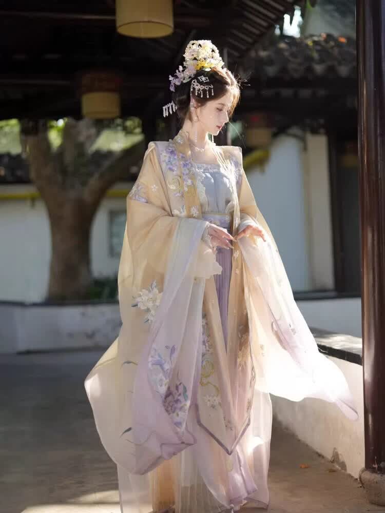 汉虞葵新款宋制汉服女成人古装外大袖对襟衫霞帔套装汉元素改良日常春夏 【玉鸢】外大袖+对襟衫+吊带+襦裙+霞帔 S