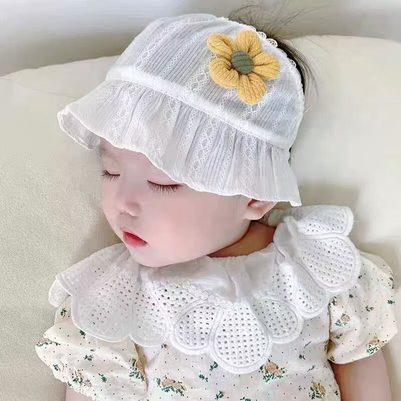 婴儿护囟门帽子夏季薄款空顶帽新生儿胎帽男女宝宝太阳花护头帽 粉色小花 头围38-42CM 建议(0-12个月)