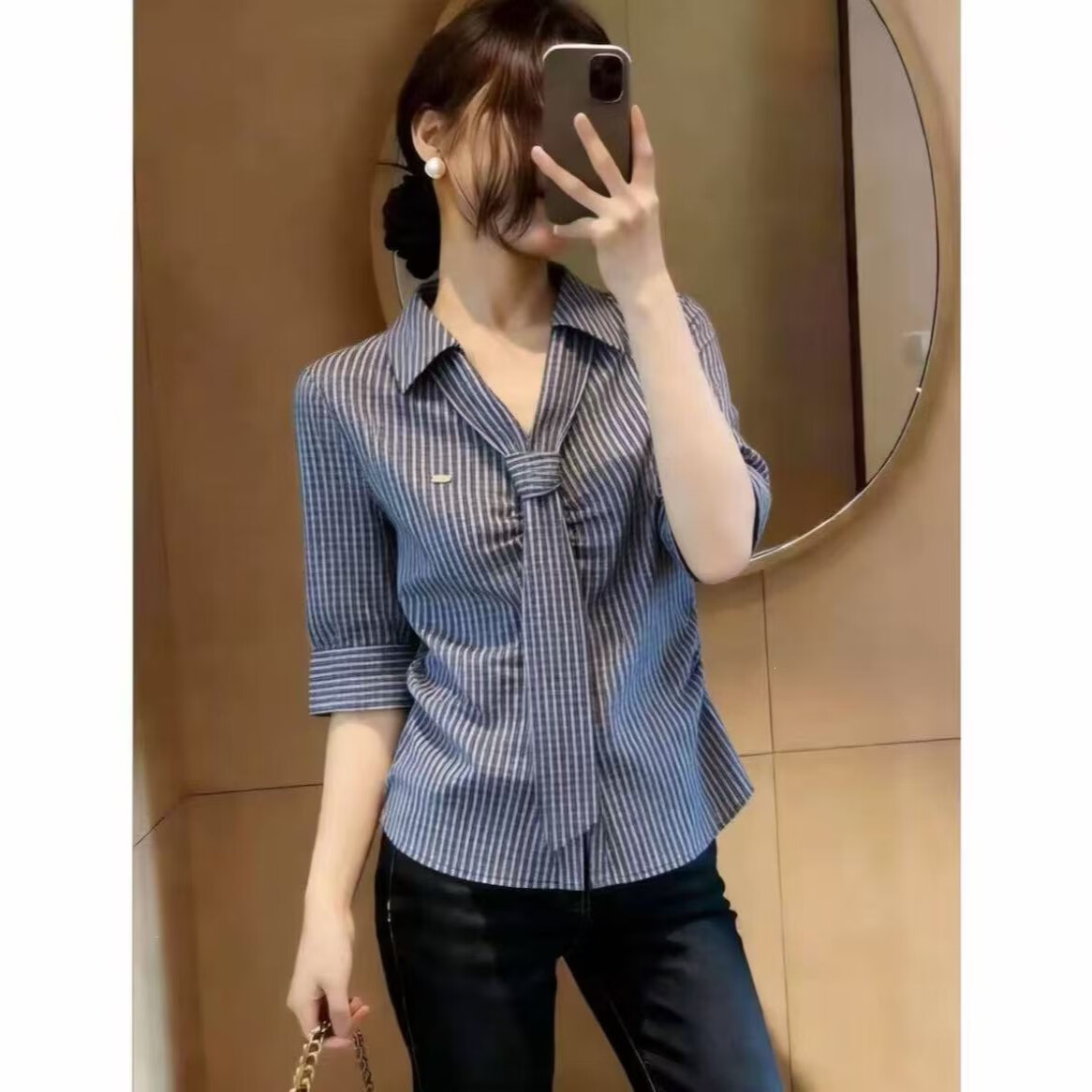 时尚设计感翻领系带条纹衬衫新款女夏季大码轻熟百搭气质显瘦衬衣 蓝色 XL (建议110-120斤)