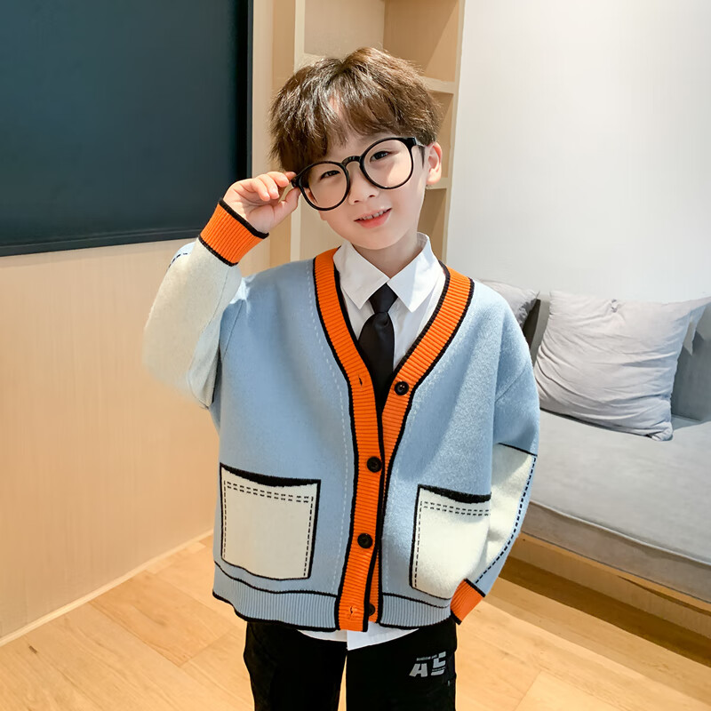 左西童装男童针织开衫外套2022秋装儿童男孩V领毛衣中大童潮 浅蓝色 140 怎么样,好用不?