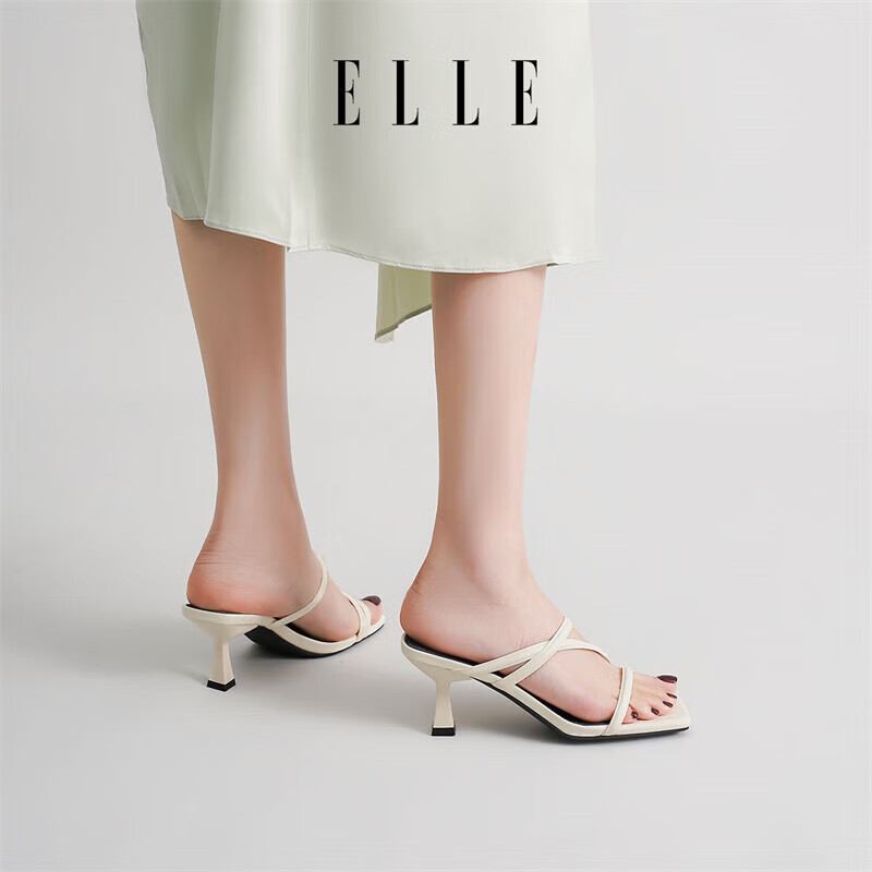 ELLE黑色方头细带高跟凉拖鞋女夏季外穿百搭中跟一字带凉鞋 米白 6.5cm 37 (235mm) 标准码