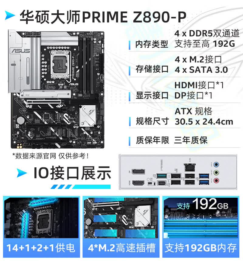 华硕（ASUS）（ASUS）intel/英特尔15代Ultra7 265K/285KZ890电脑主板CPU套装板U 【大师】 PRIME Z890-P   Ultra 7 265K