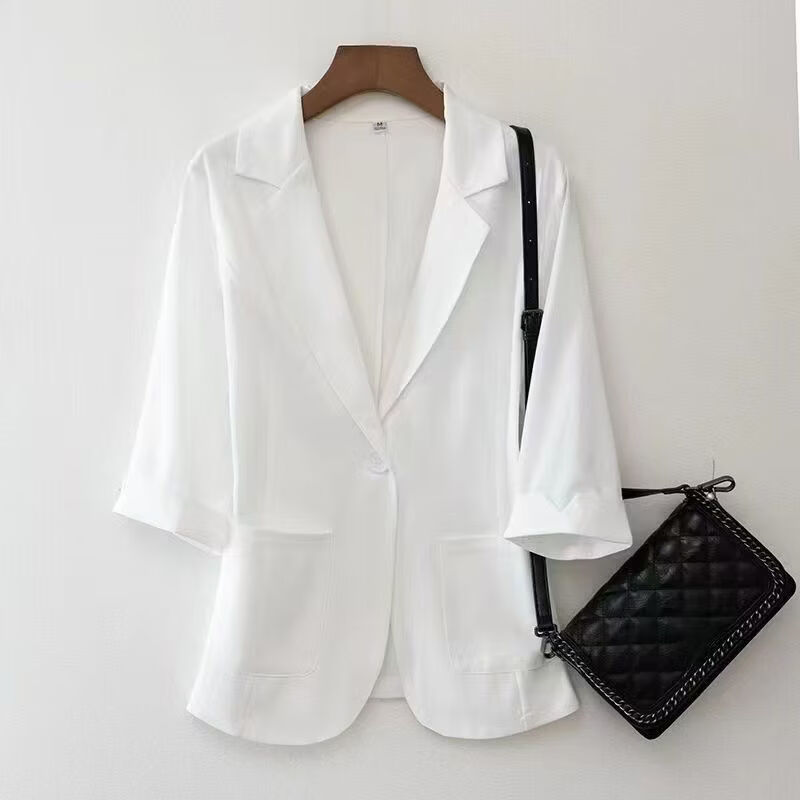 气质小西服女士感修身七分袖西装上衣2026年新款气质休闲外套 白色 4XL 建议148-157斤左右