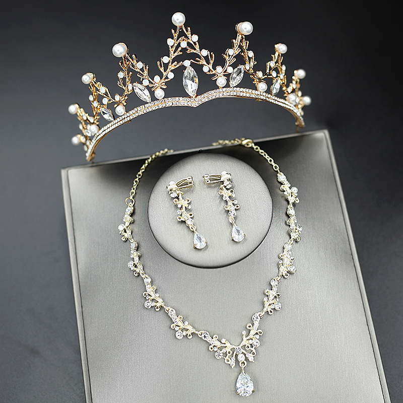 gmay 皇冠女生日礼王冠三件套 结婚大气新娘头饰韩式超仙 皇冠 耳钩浅