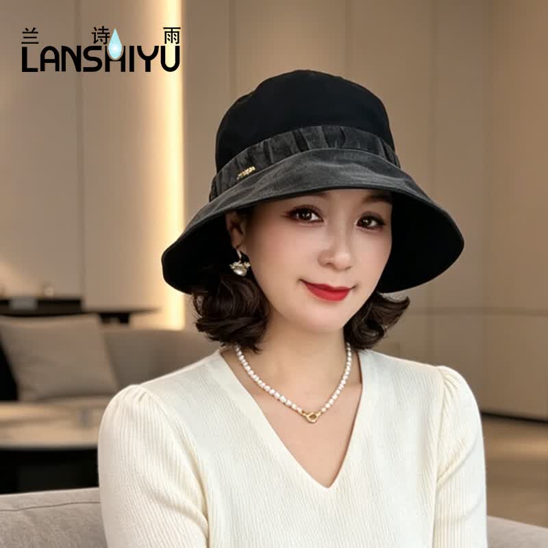 兰诗雨桑蚕丝帽子女士防晒太阳帽出游沙滩帽百搭渔夫帽度假遮阳帽 水墨黑 大头围(59-63CM)