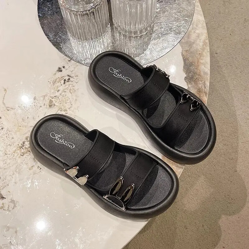 2024夏季新款兔子饰品女凉鞋时尚ins甜美厚底外穿平跟女拖鞋 黑色 3637
