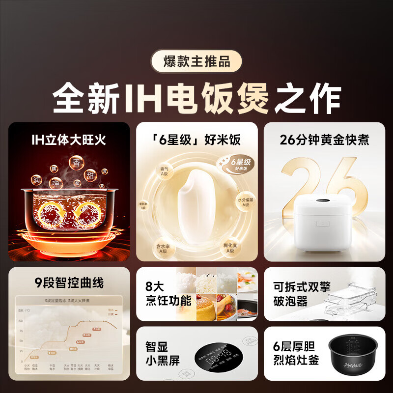 米家IH电饭煲S1-3L/4L/5L 家用多功能电饭锅电磁加热烈焰灶釜预约保温附蒸笼 米家IH电饭煲S1 3L 【1级节效】