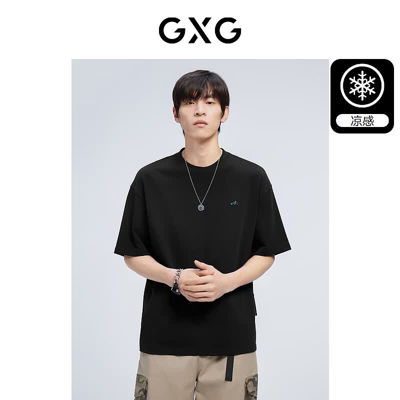 GXG男装 夏季新款重磅系列精致小字母绣花圆领短袖T恤 黑色 M