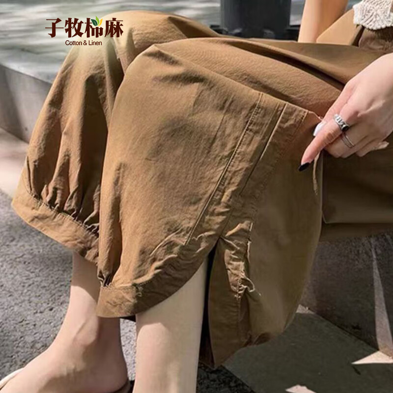 子牧棉麻2026夏装 女百搭冰丝灯笼阔腿裤高腰休闲九分萝卜裤休闲裤子0745 卡其色 L (建议95-115斤)