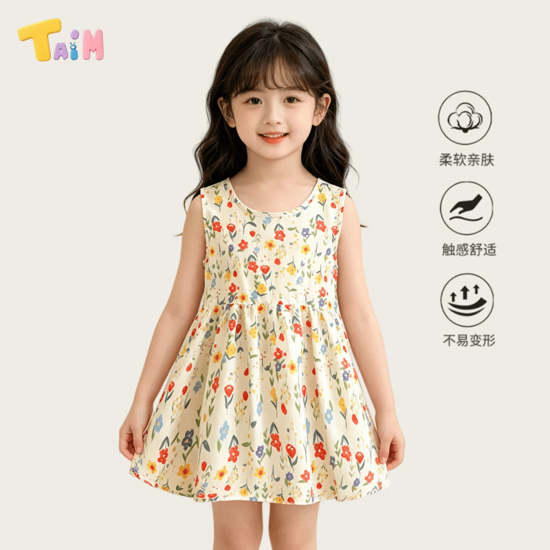 TAIM女童夏季薄款连衣裙儿童宽松无袖背心裙宝宝碎花公主裙 五彩花 80 cm