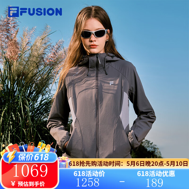 FILA FUSION斐乐潮牌梭织外套女2026春新款休闲拼色修身连帽上衣女 默魅灰-DY M 165/84A/M