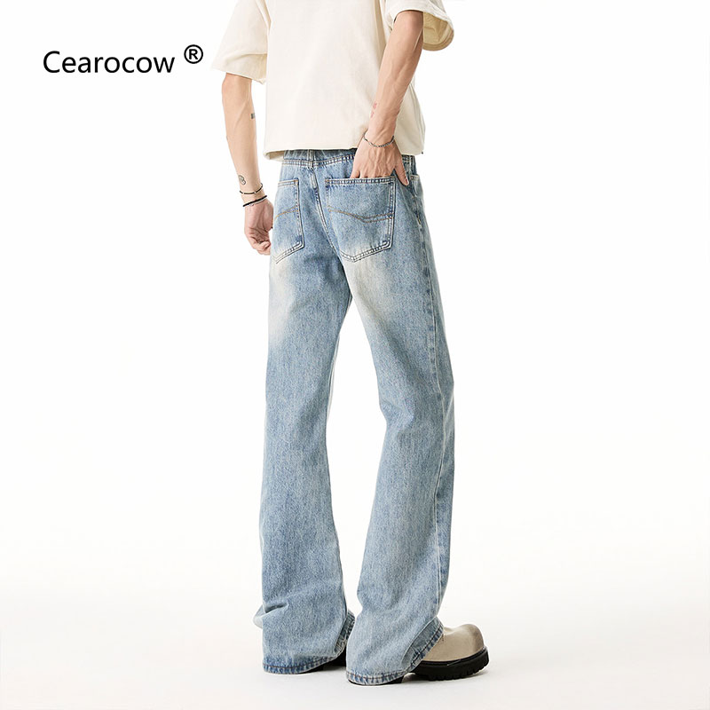 CEAROCOW冰蓝色牛仔裤男女夏季2026潮牌cleanfit宽松休闲微喇直筒裤长裤子 冰蓝色 2XL [建议130-150斤]