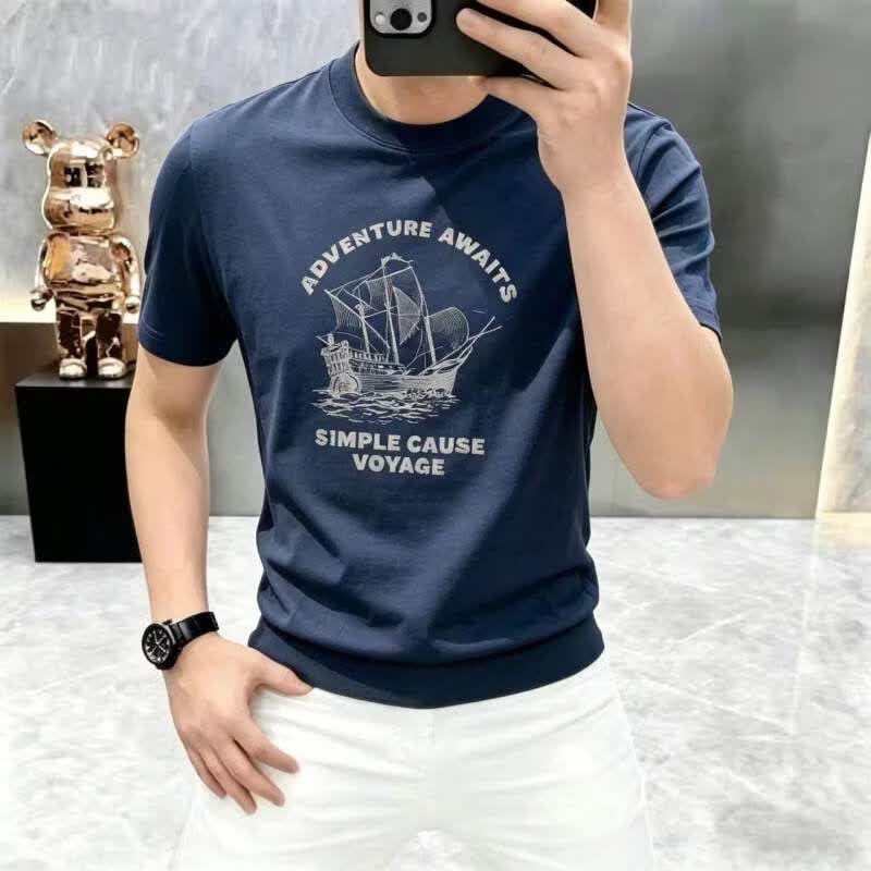 【两件装】男士短袖t恤2026新款夏季美式复古帆船印花半袖zj 蓝色两件 3XL 适合180-200斤