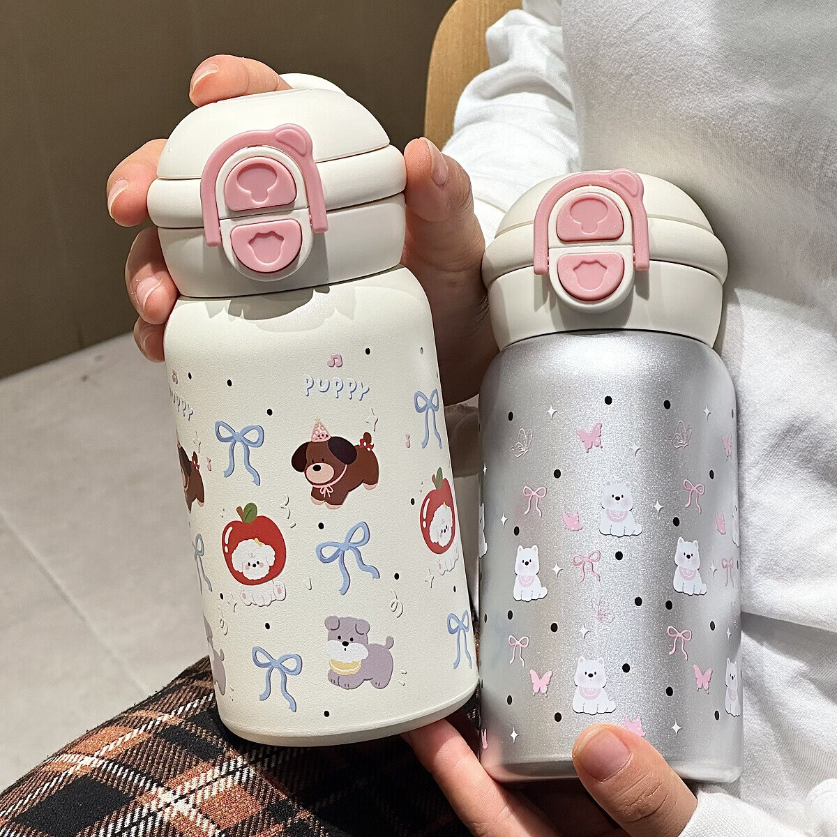 溥畔双饮水杯女高颜值可爱学生便携不锈钢吸管子 西高地双饮杯+白色500ML(PC款)