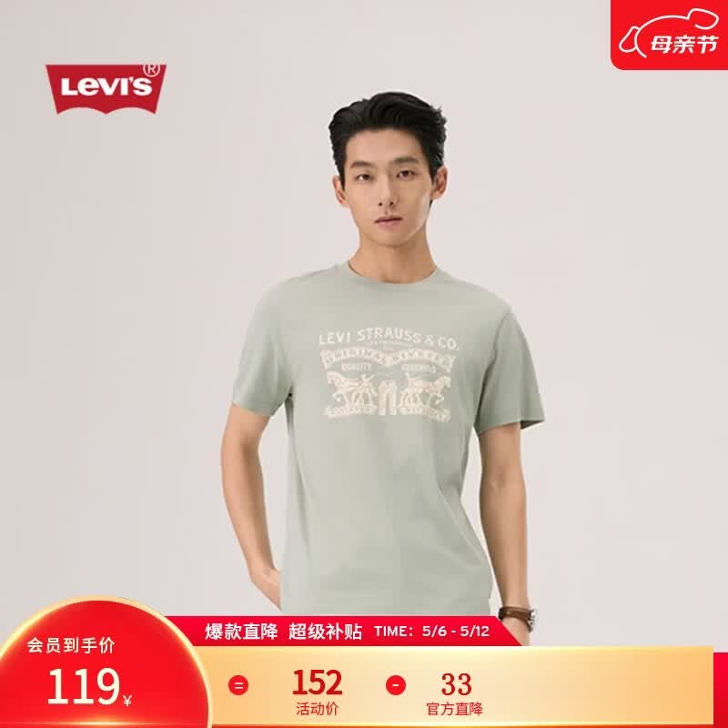 Levi's李维斯春夏情侣同款美式双马印花潮流休闲宽松圆领短袖T恤 灰绿色 004IT-0005 XL