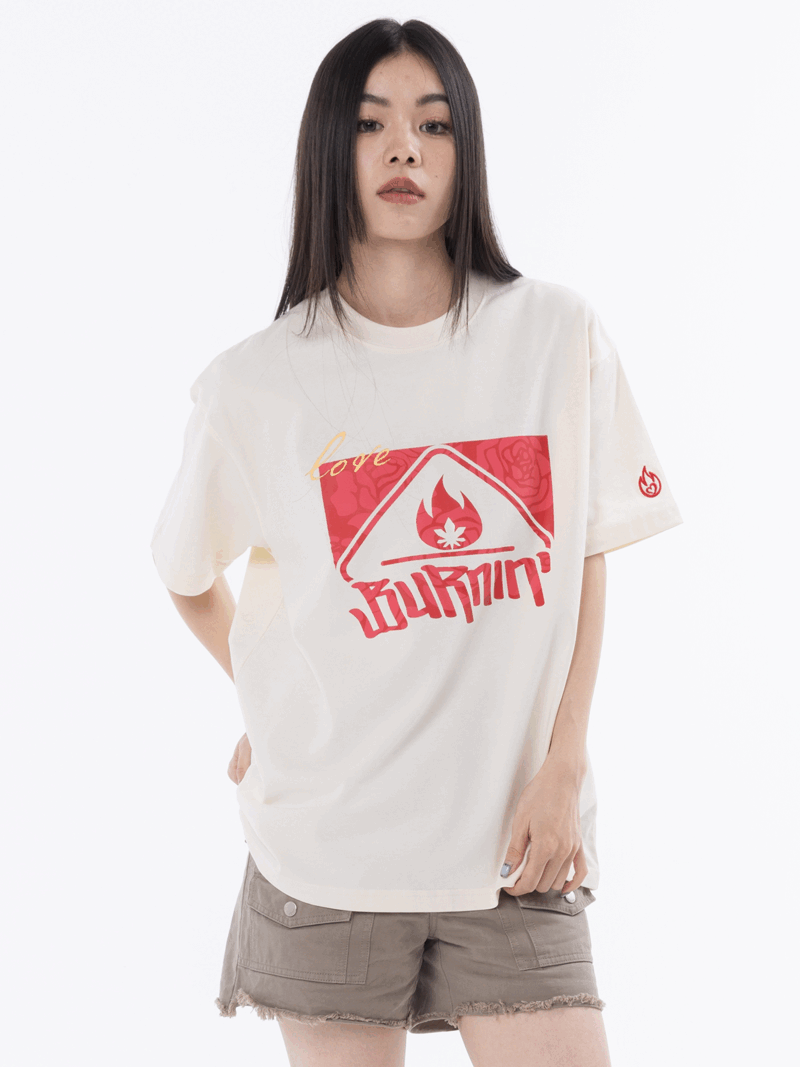 BURNIN【情人节限定】玫瑰方片印花短袖t恤男女街头宽松休闲上衣 白色 现货 XL